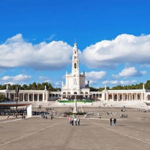 Basilica of Our Lady of the Rosary at the Sanctuary of Fátima under blue sky